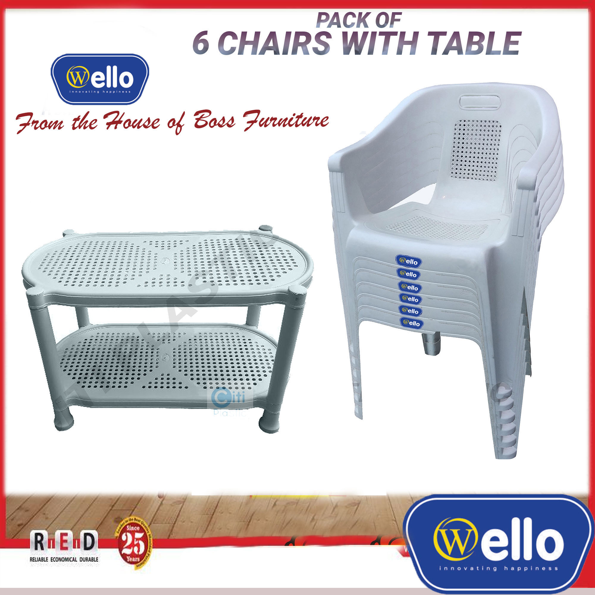 WELLO by Boss Set of six Plastic Outdoor Chair with plastic double shelf table Citi Plastic Furniture